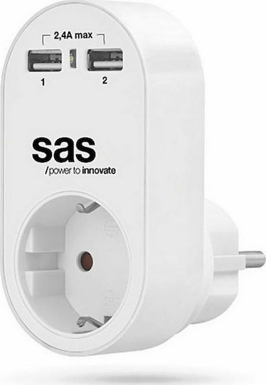 Αντάπτορας με 1 Σούκο και 2 USB 2.4A/12W Λευκός SAS 100-15-130