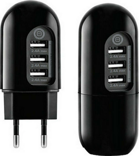 Αντάπτορας Ταξιδίου με 3 USB 2.4A/17W Μαύρος SAS 100-15-150