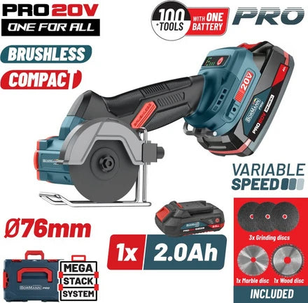 BORMANN Pro BBP5418X2CA Μini Brushless Γωνιακός Τροχός Ρυθμιζόμενος 20V, 0-7000/14000/20000rpm,1x2Ah