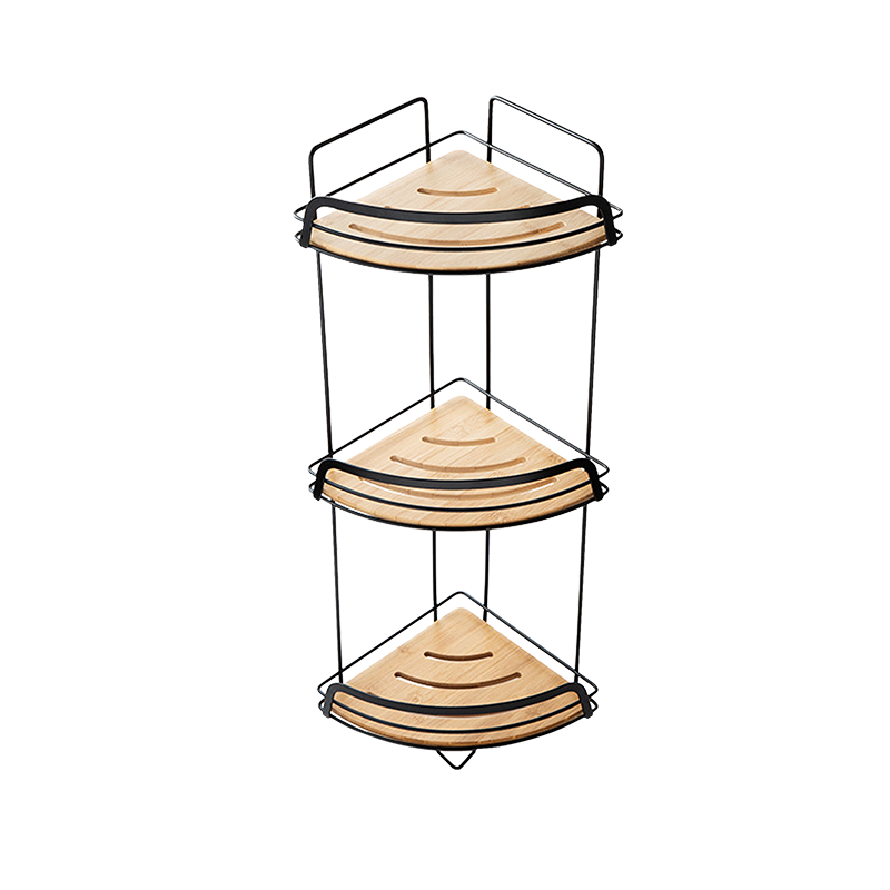 BORMANN BTW9040 Γωνιακή Επιτοίχια Ραφιερα Μπάνιου Μεταλλική,3 Ράφια Ξύλινα ,Μαύρη, 26.5x18.5x63cm