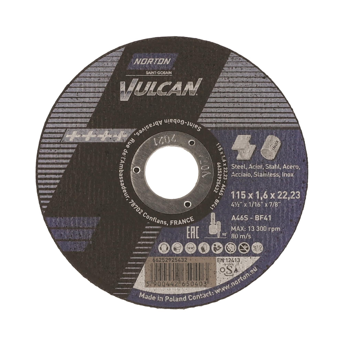 Δίσκος κοπής για inox-σιδηρου 25τεμ. Ίσιος VULCAN No115x1,6x22,3mm 66252925432