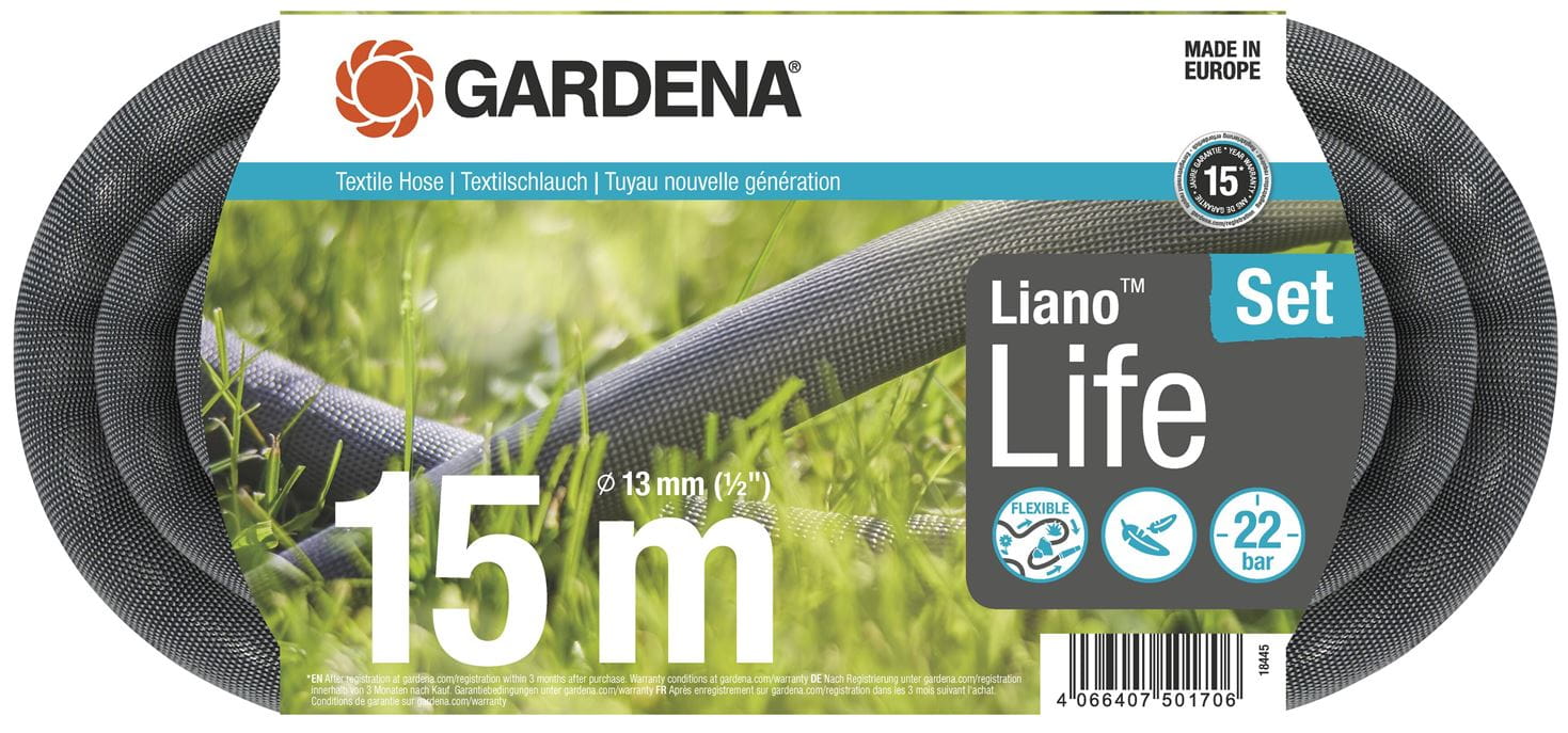18445-20 Λάστιχο Υφασμάτινο Gardena Liano Life 1/2"-15m Σετ με Ακροφύσιο & συνδέσμους OGS