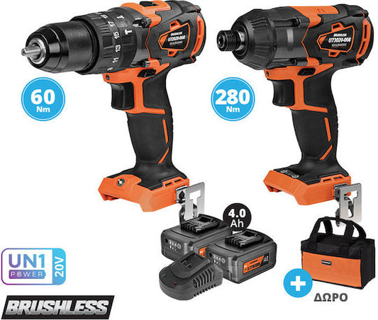 Σετ Δραπανοκατσάβιδο & Παλμικό Κατσαβίδι Brushless 20V με 2 Μπαταρίες 4Ah και Θήκη Krausmann US121-24SB