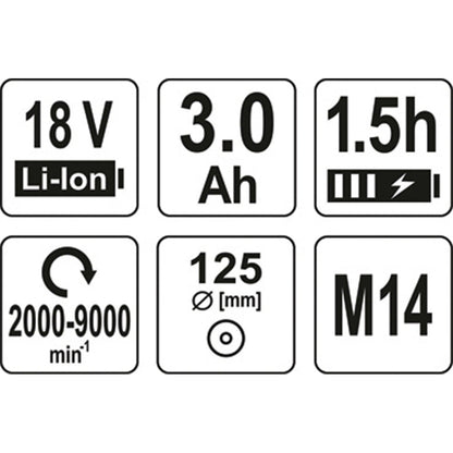 ΓΩΝΙΑΚΟΣ ΤΡΟΧΟΣ18V 125mm SET 1X3Ah BRUSHLESS YT-82829 20182829